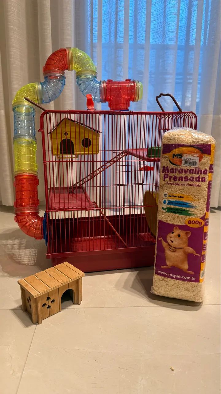 Gaiola hamster com casa grande completa 3 andares tubo verm cor vermelho Jel Plast