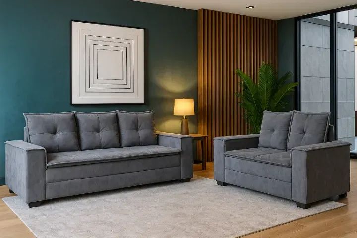 novo sofá 2 e 3 lugares na cor cinza e em madeira 100% reflorestada65746292180609120
