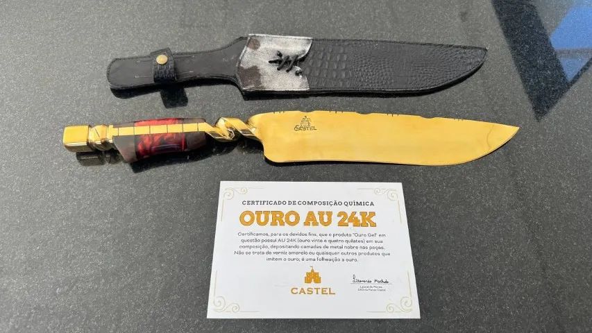 Faca Full Gold 24k Forjada 14' Polegadas + Bainha em Couro - Foto 3