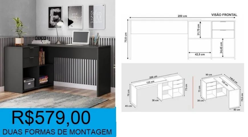 Escrivaninha em L duas gavetas - compre hoje e receba em até 72h  - Foto 2