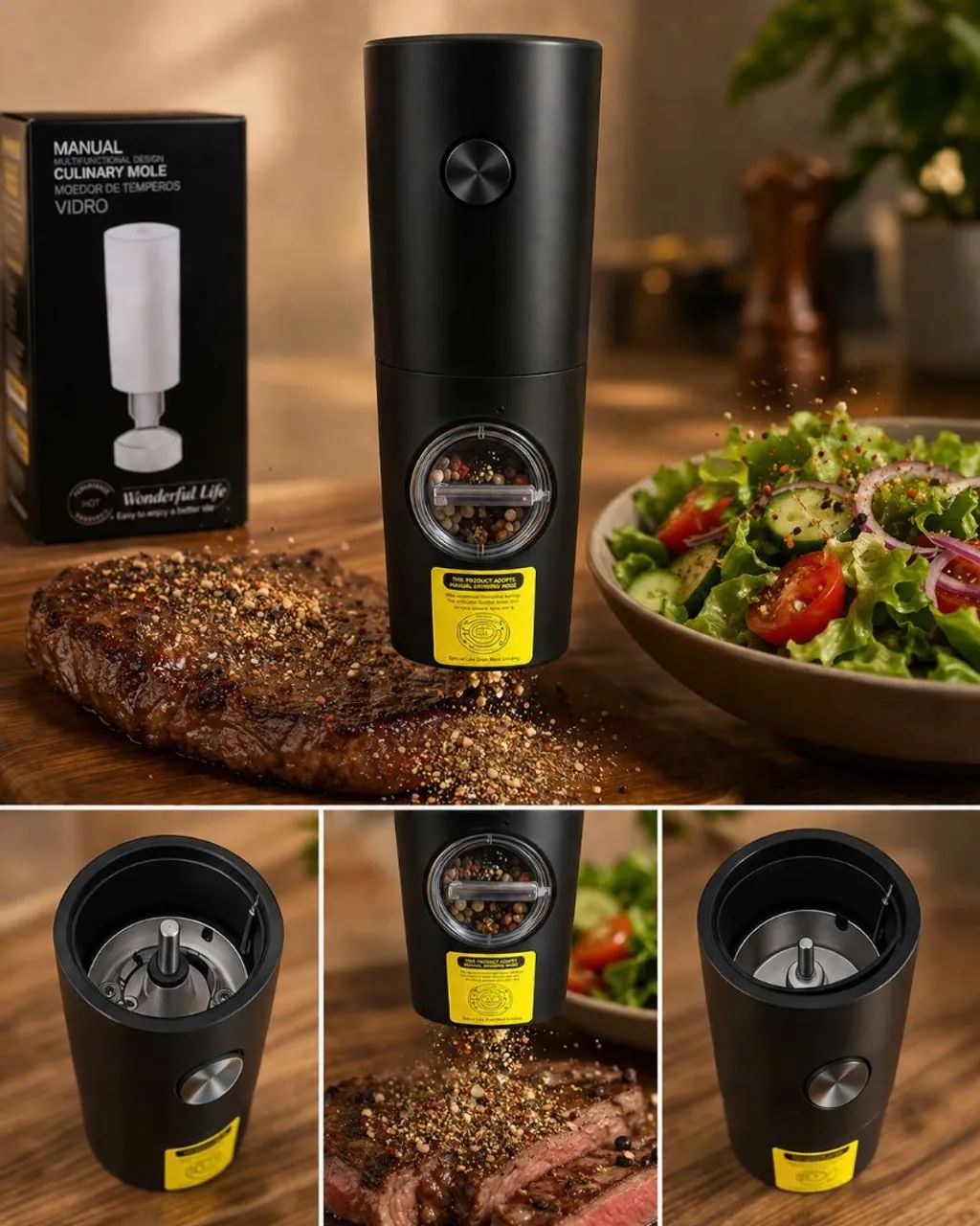 Moedor automático de tempero e sal grosso 