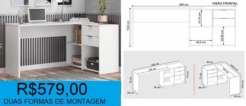 Escrivaninha em L duas gavetas - compre hoje e receba em até 72h 