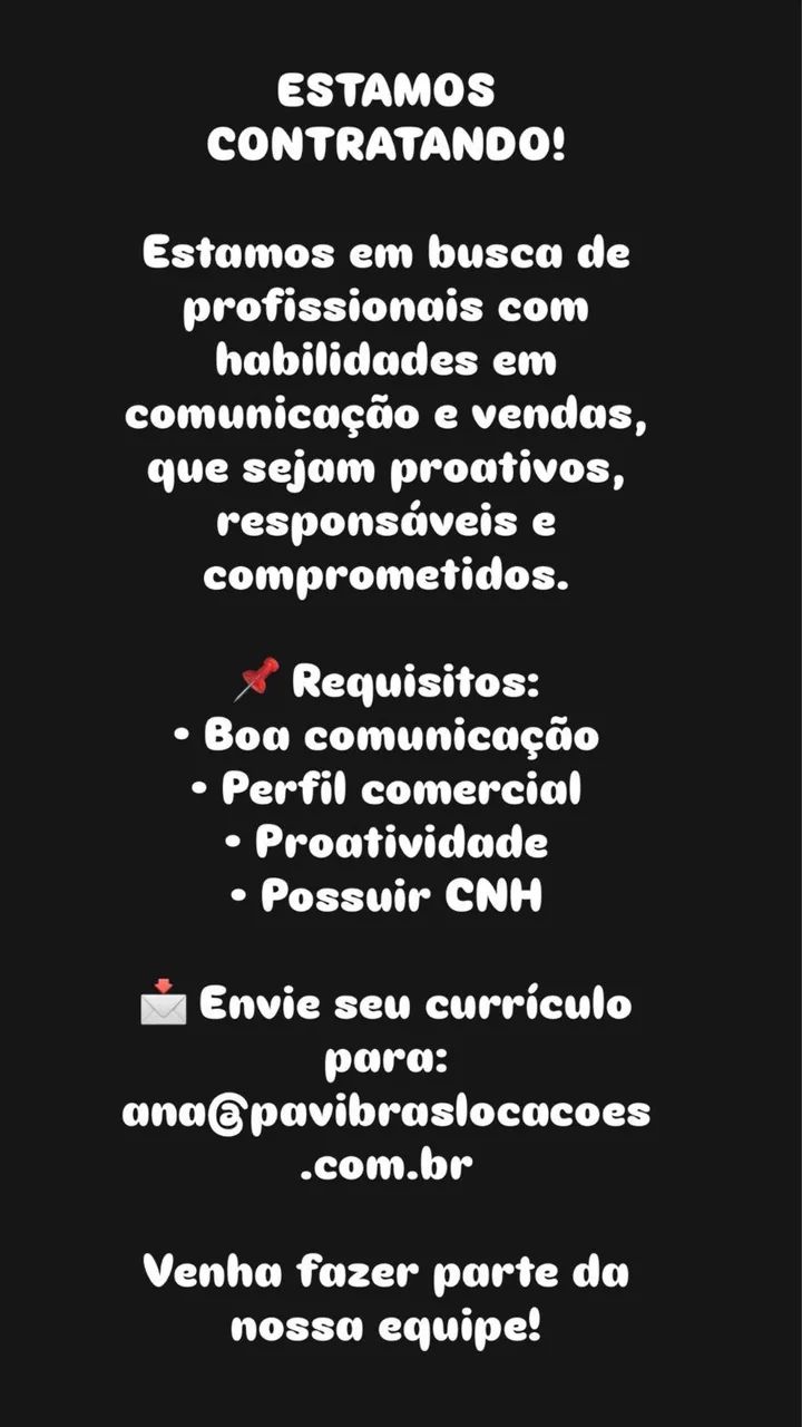 Vaga para setor vendas e operacional 