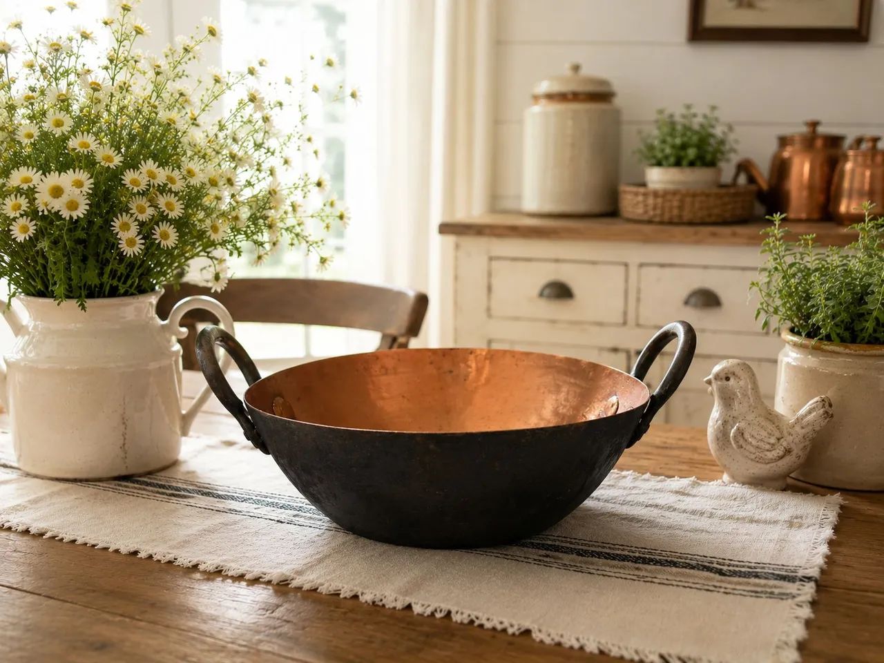 Tacho Antigo de Cobre com Alças de Bronze - 28,5 cm