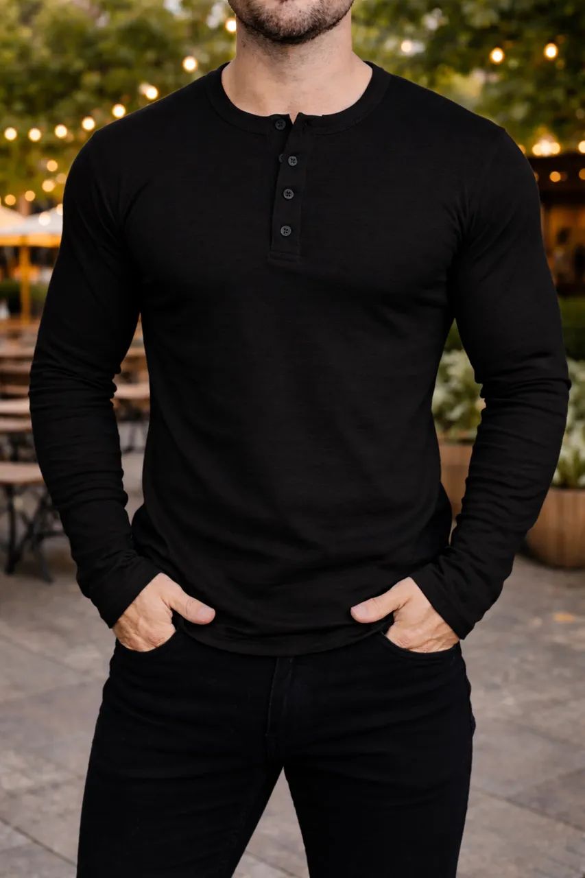 Camisa Henley de Manga Longa Preta