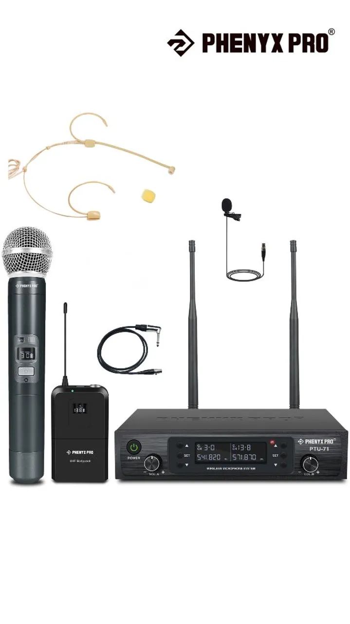 Sistema de Microfone Sem Fio Phenyx Pro PTU-71 - Bastão + Headset Bege + Lapela + Cabo Ins