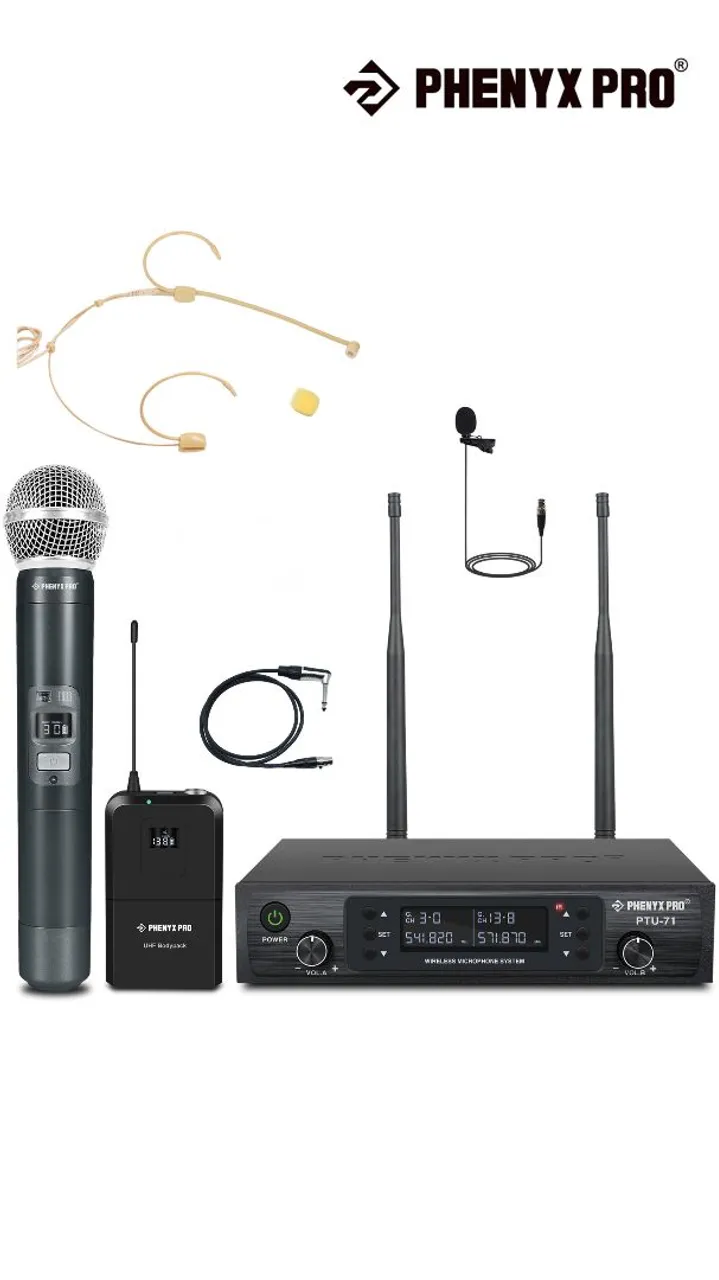 Sistema de Microfone Sem Fio Phenyx Pro PTU-71 - Bastão + Headset Bege + Lapela + Cabo Ins