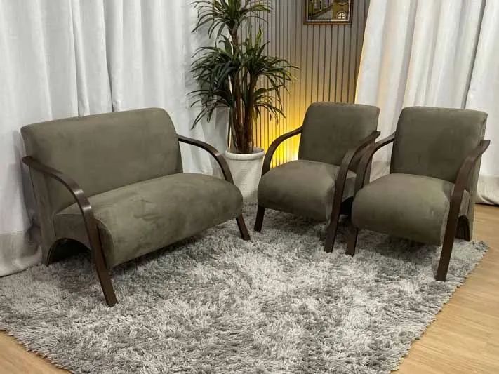 Conjunto de Poltronas 2x1x1 Lugares Cappuccino Braço Madeira