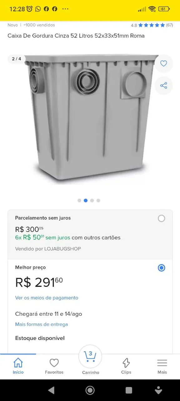 Caixa de Gordura Cinza 52 Litros Roma