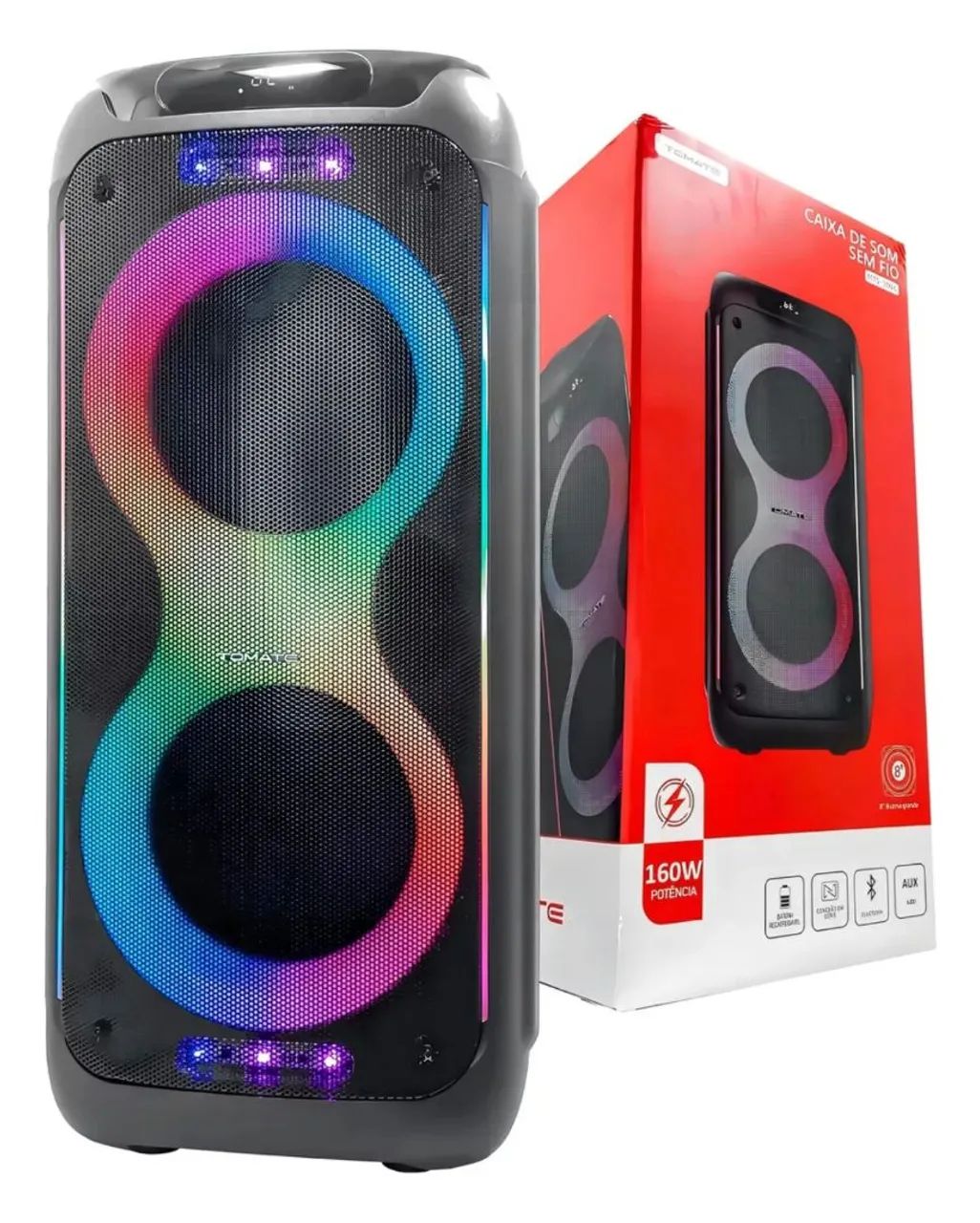 Caixa de Som Bluetooth 160W Tomate - Potente e com Iluminação LED!