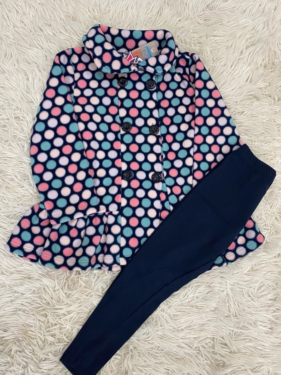 Casaco Infantil de bolinhas e legging Azul Marinho