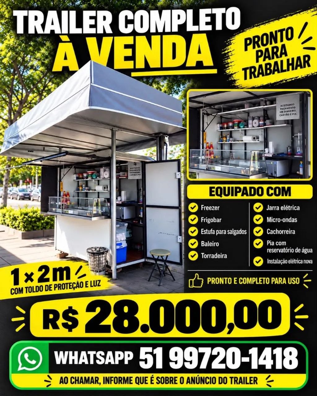 Trailer 1x2m para lanches. Sem rodas. 