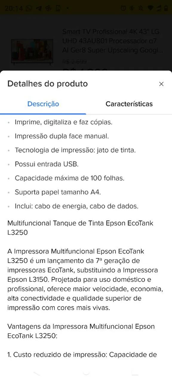 Impressora multifuncional 3x1 Epson ecotank L3250 Wi-fi (nova, lacrada, com nota fiscal) - Foto 3
