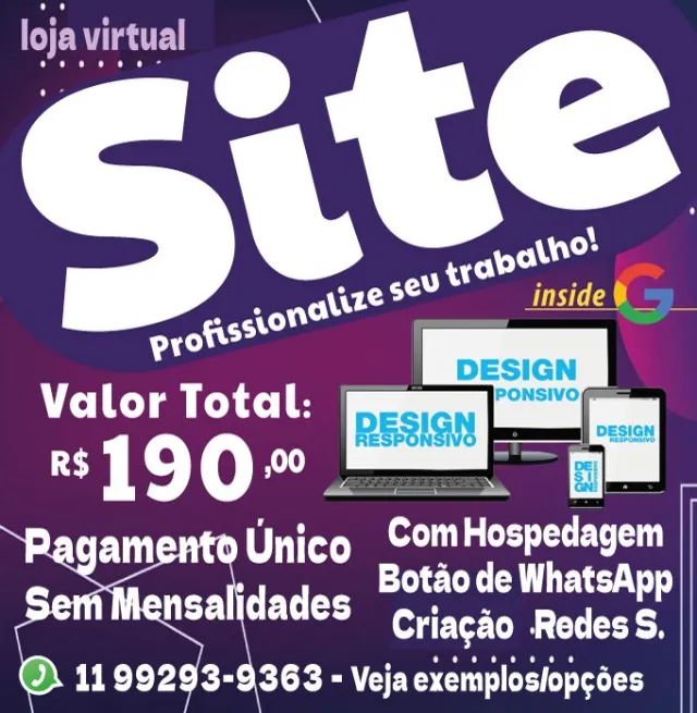 SEU WEB SITE COM GOOGLE IN E WHATSAPP COMPLETO COM HOSPEDAGEM JÁ NA WEB E SEM MENSALIDADES
