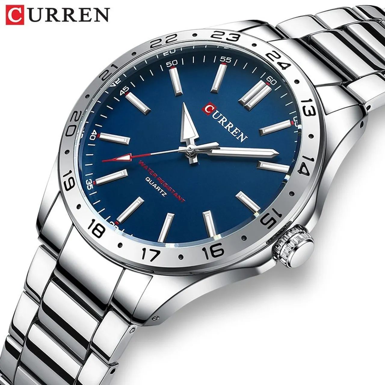 Relógio Masculino Curren 8452 Prata com Fundo Azul - Luxo e Estilo