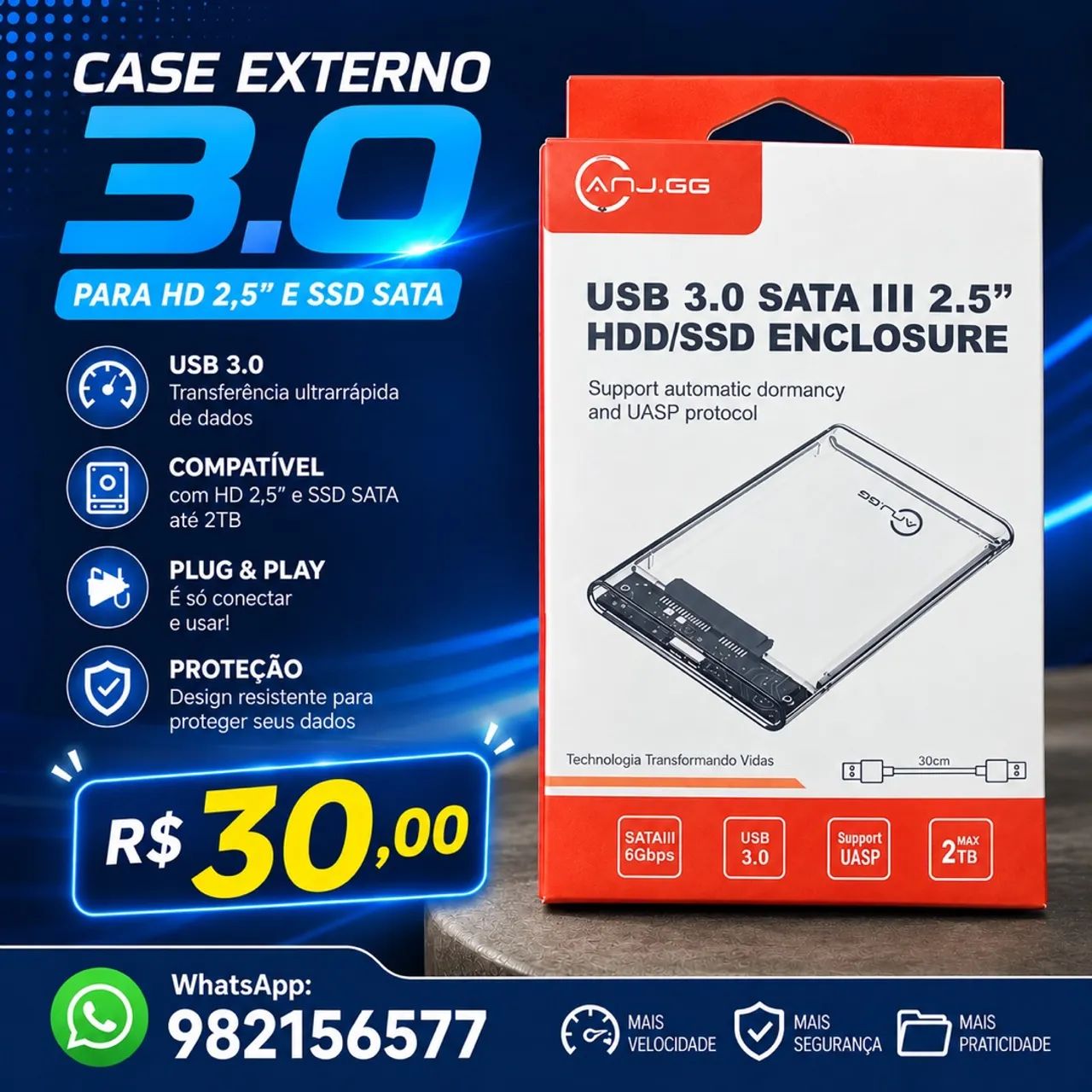 CASE EXTERNO 3.0 PARA HD 2,5" E SSD SATA