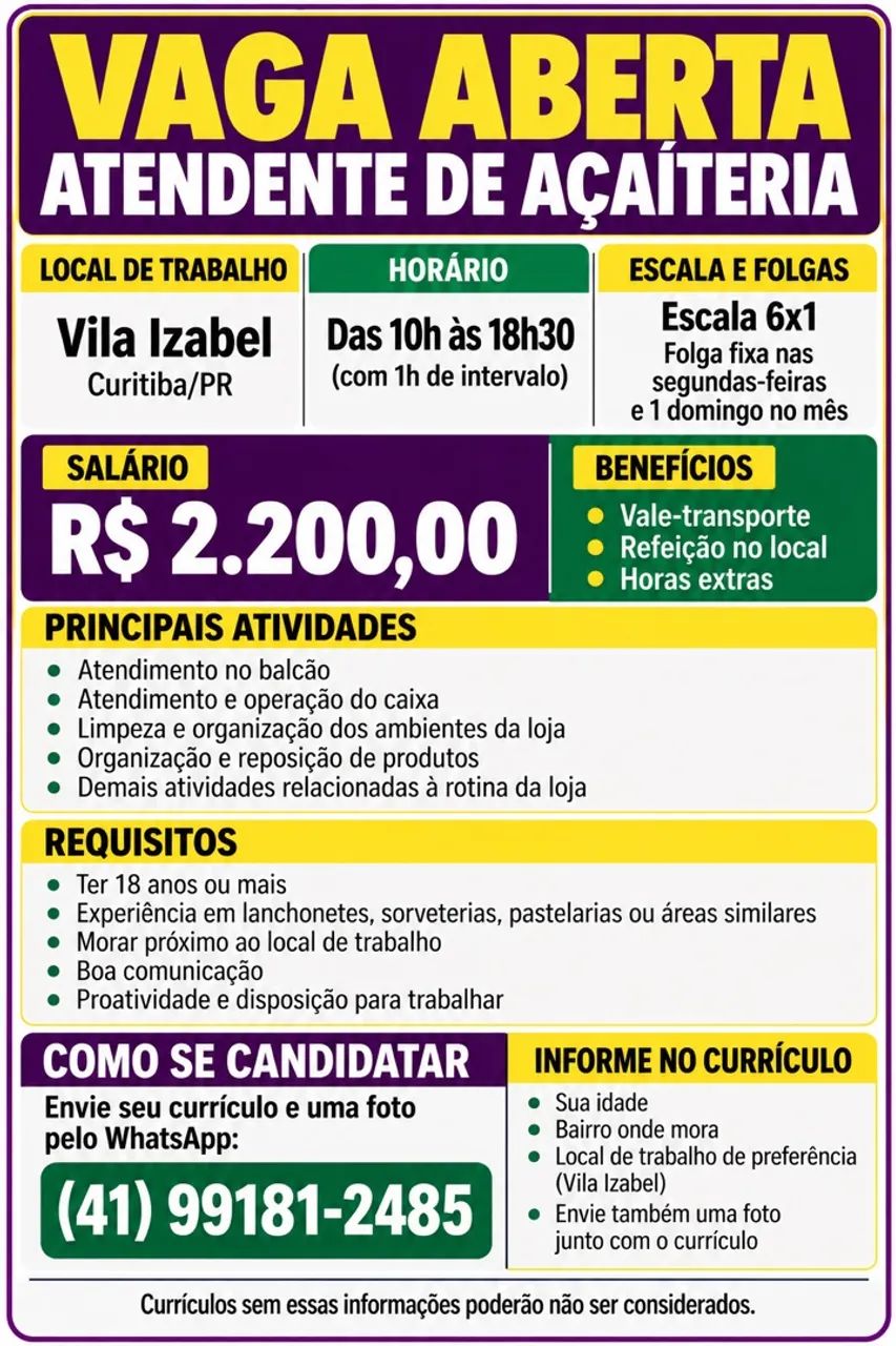 Vaga atendente 