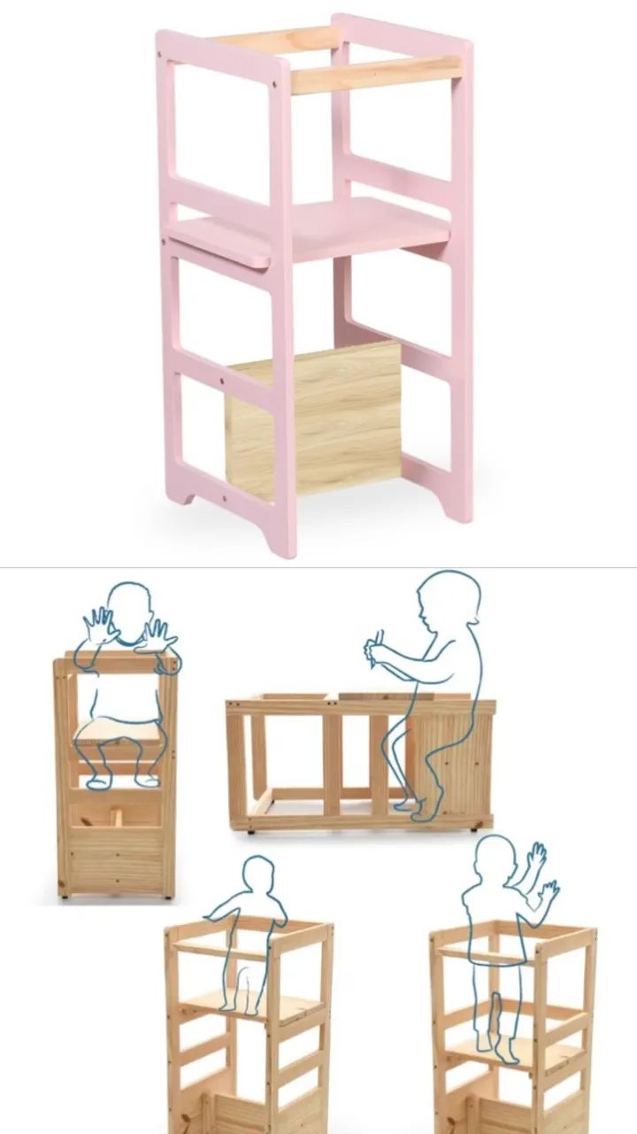 Torre de aprendizagem infantil (learning tower) em madeira