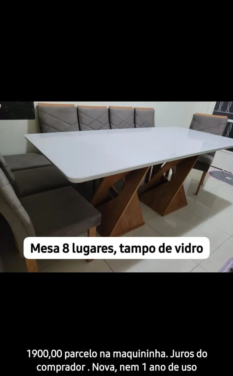 Mesa 8 lugares com tampo de vidro 