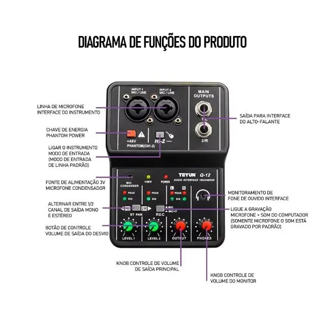 Mesa Interface de audio Gravação Mic Condenser Phanton power - Foto 3