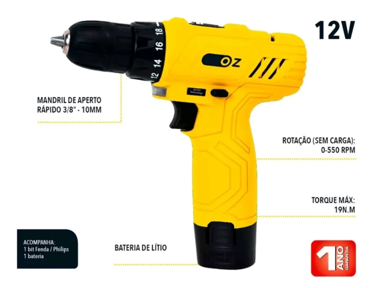 Parafusadeira/Furadeira 12V Oz com Bateria de Lítio