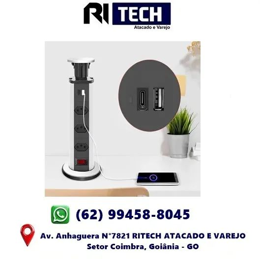 Torre Tomada Multiplug Embutir Retrátil Mesa Usb Tipo C Carregar Celular Notebook
