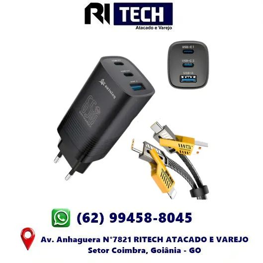 Fonte Carregador Turbo 65W Saídas USB-C e USB Iphone Android Notebook Peining Gan Q.C