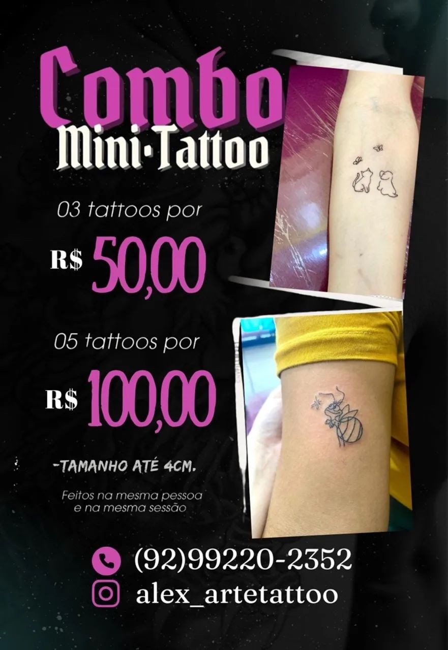 Combo Mini Tatuagens - 3 Tattoos por R$50 ou 5 por R$100