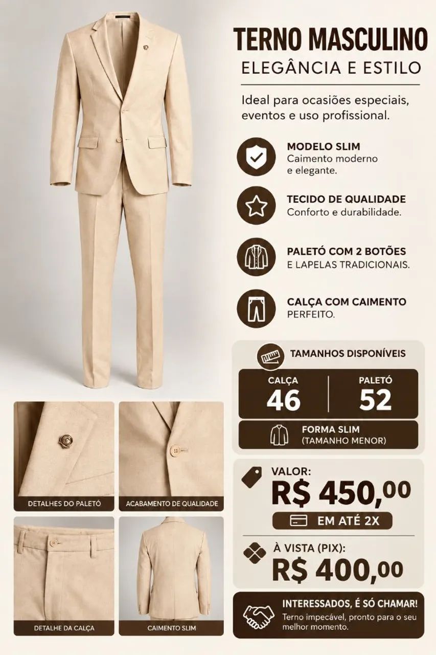 Terno slim cor areia/bege