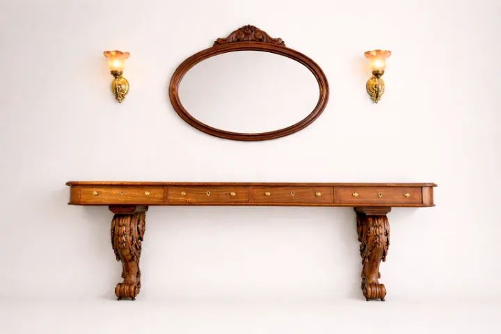 Conjunto de Luxo: Aparador 2,20m em Cerejeira + Espelho Madeira + Arandelas Antigas