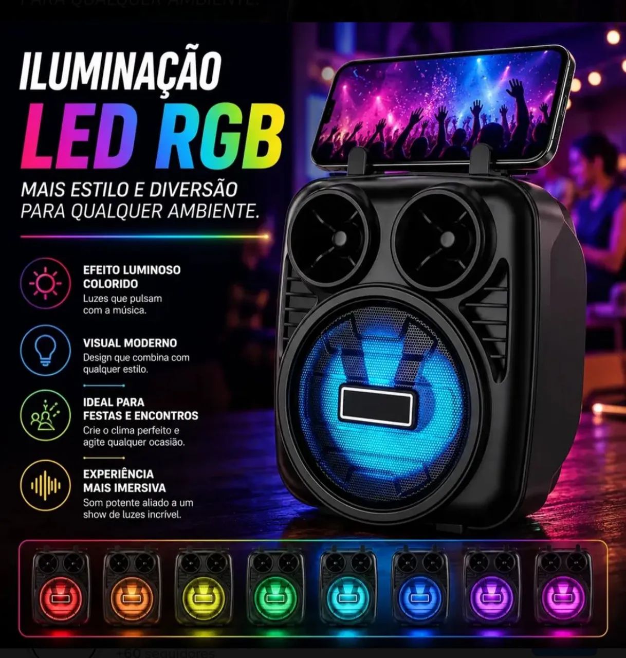 Caixa de Som Bluetooth Portátil com LED RGB e apoio para celular  - Foto 3