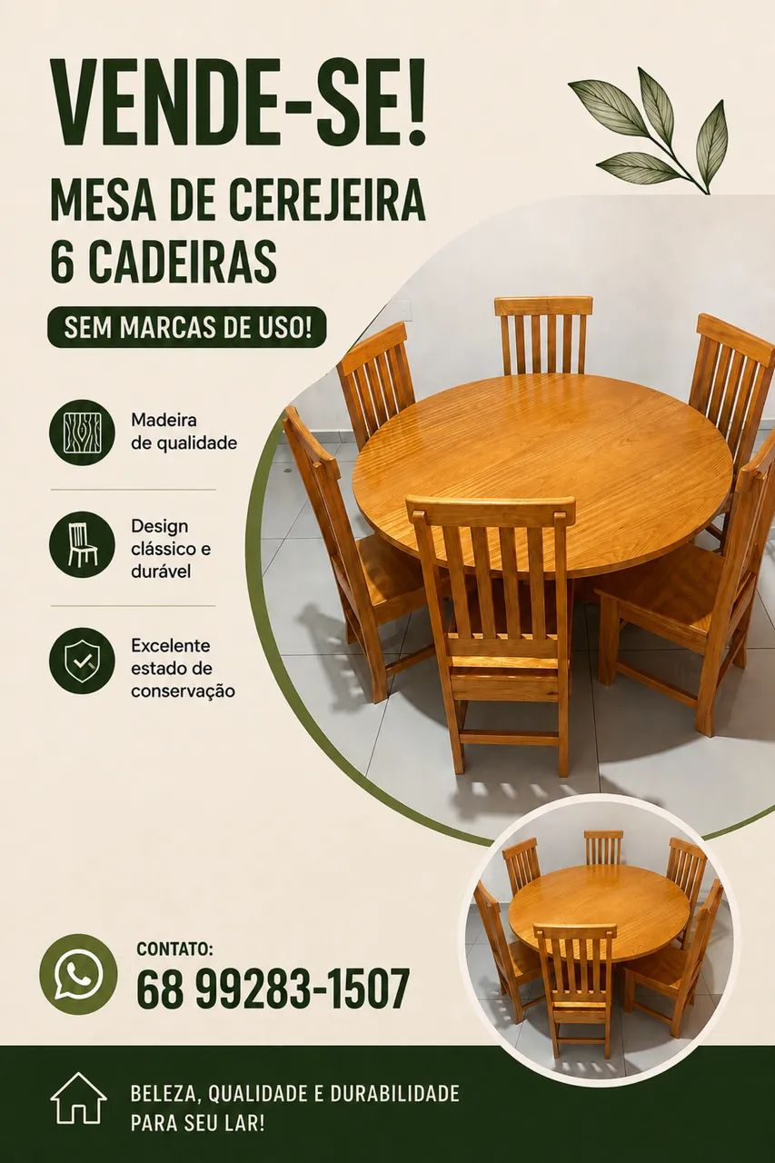 Mesa redonda 6 cadeiras em cerejeira