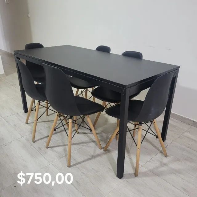 Mesa de jantar retangular preta, com cadeiras de pé de palitos. Linda - Foto 2