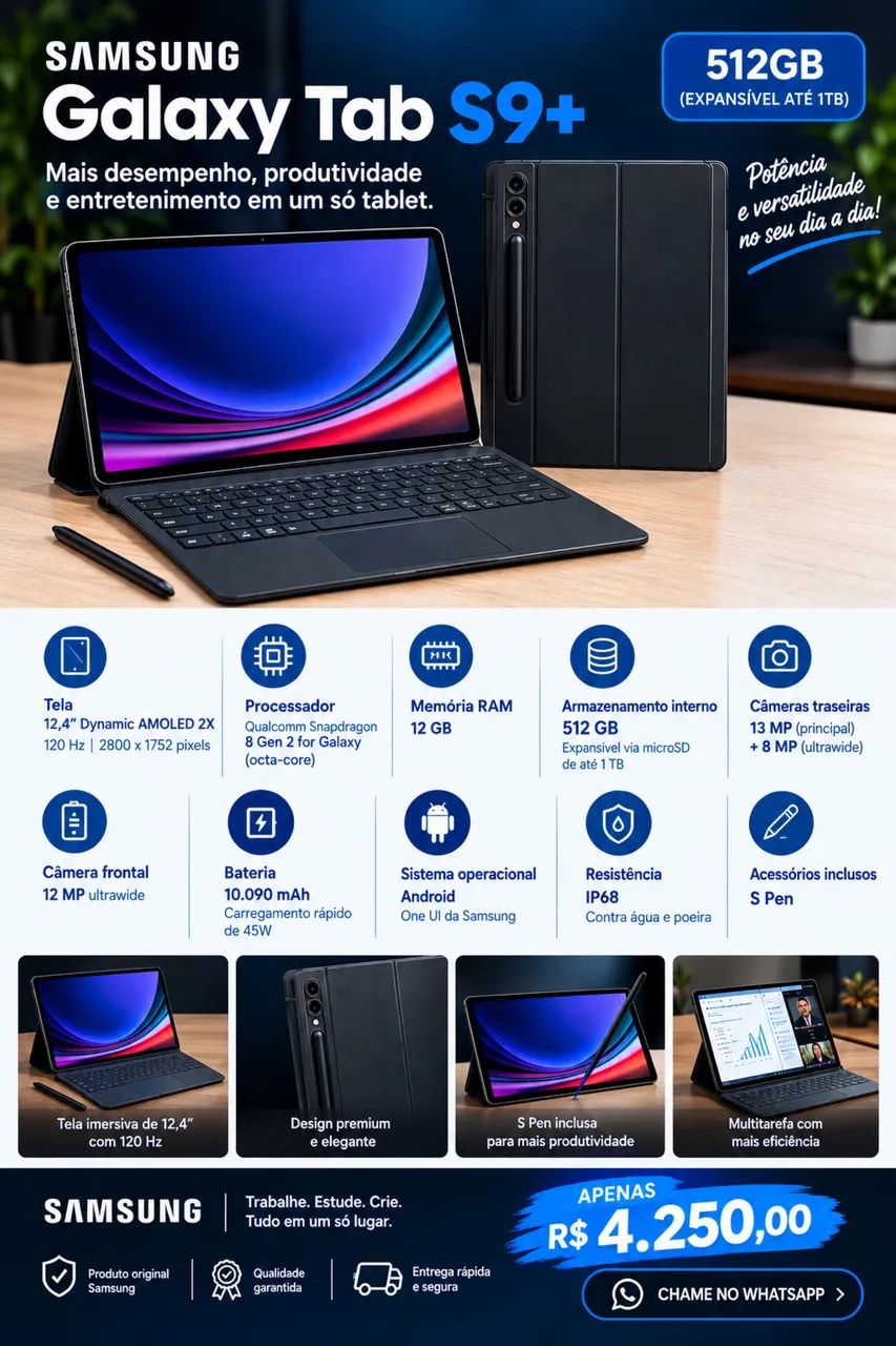 Samsung Galaxy Tab S9+ 512GB ? Completo e pronto para uso!