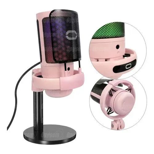 Microfone gamer rosa na caixa