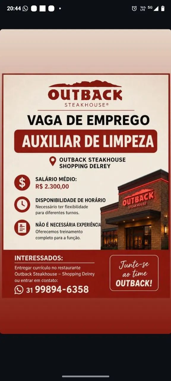 Vaga de Auxiliar de limpeza 