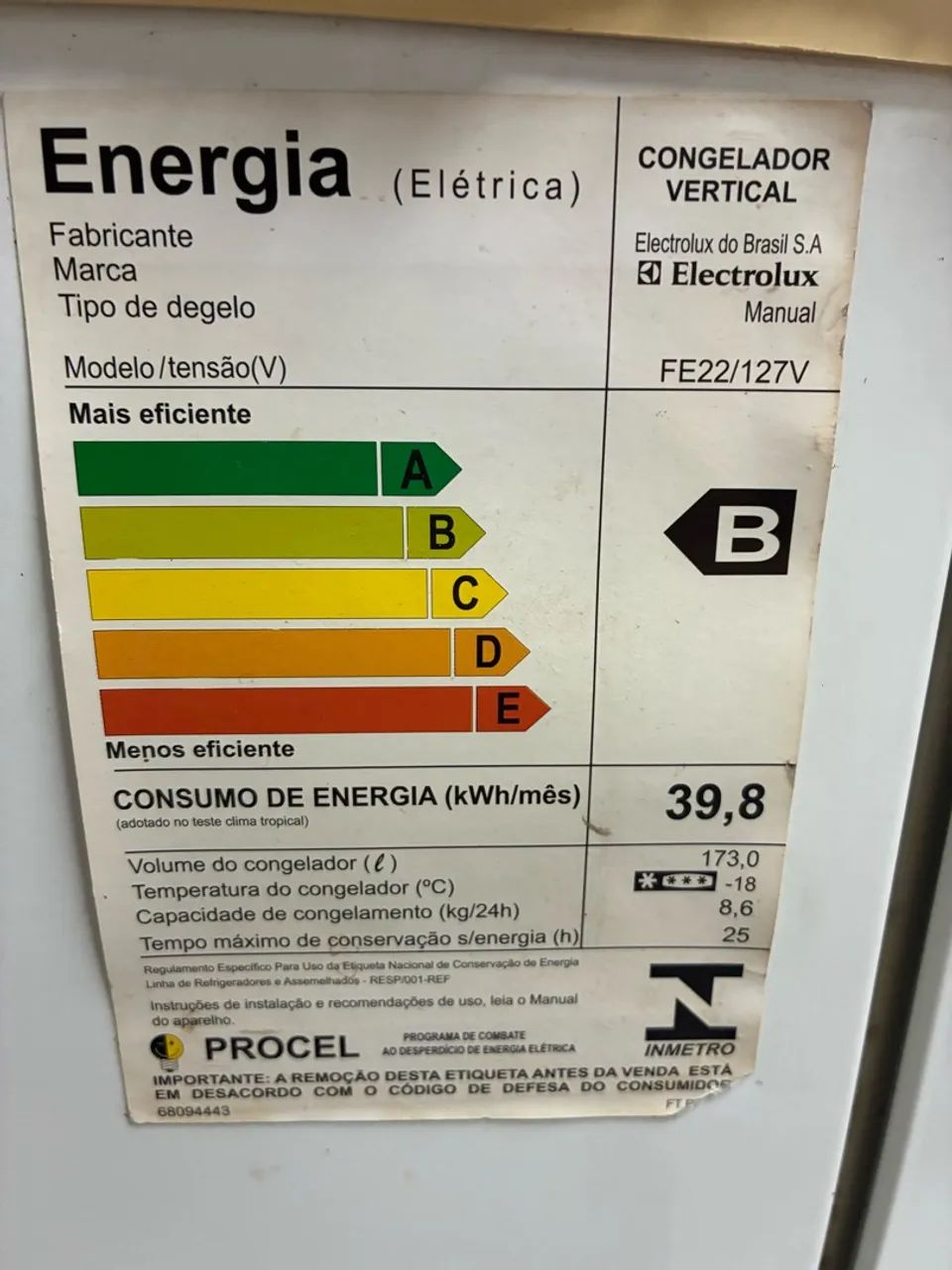 VENDO FREEZER ELECTROLUX FE22