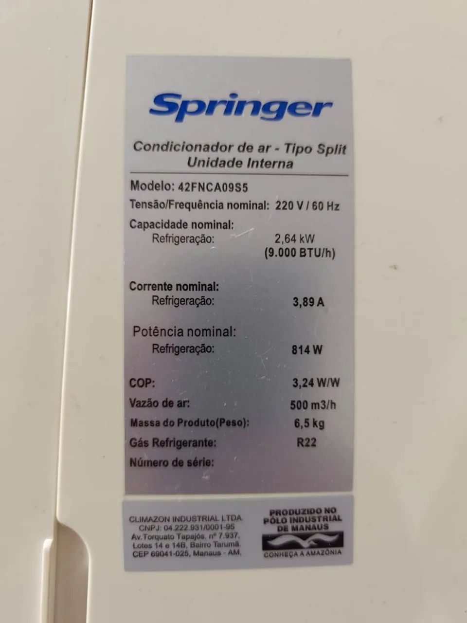 Ar condicionado springer 9.000 btus (com defeito)