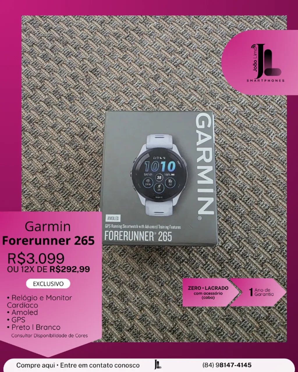 GARMIN FORERUNNER 265, PRETO OU BRANCO, LACRADO, EXCLUSIVO!