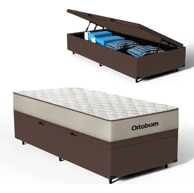 Colchão Solteiro Premium Ortobom + Base Baú Solteiro Suede Marrom