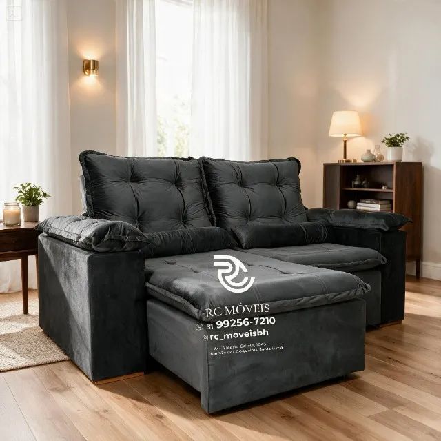 Sofá Retrátil Reclinável 2m Veludo Cinza Pillow 16cm Durável - Foto 5