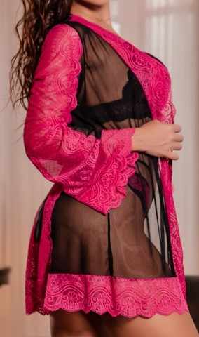 Robe curto de tule e renda transparente bicolor de manga comprida super sexy REF.: 387 - Foto 2