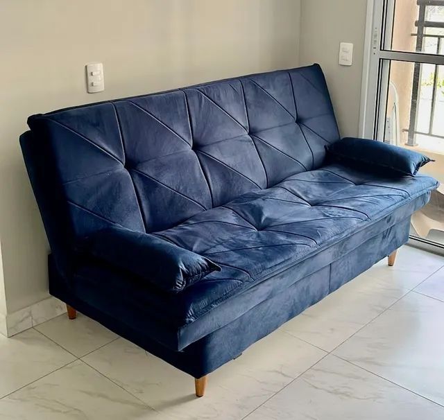 Sofá Cama Pérsia 3 Lugares Suede Velut Azul Marinho King House