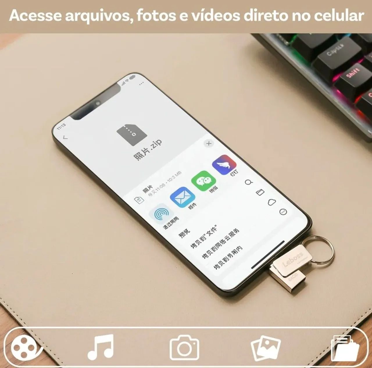 Pendrive 32gb Tipo C Usb Pcs Para Celular Portatil Chaveiro<br><br> - Foto 3
