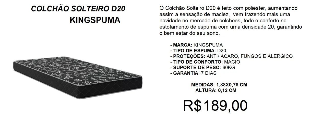 Colchão Solteiro D20 super resistente - ideal pra chacaras, obras, crianças-ENTREGA GRATIS