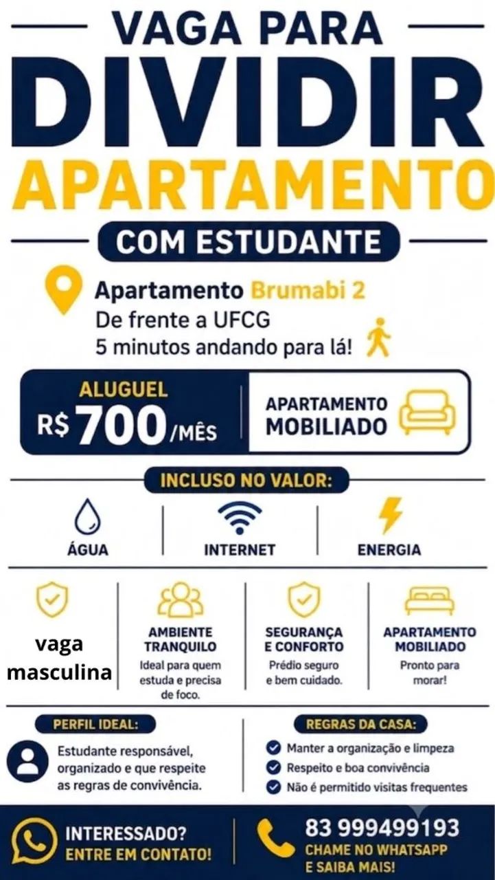 1 quarto para alugar de um apartamento 