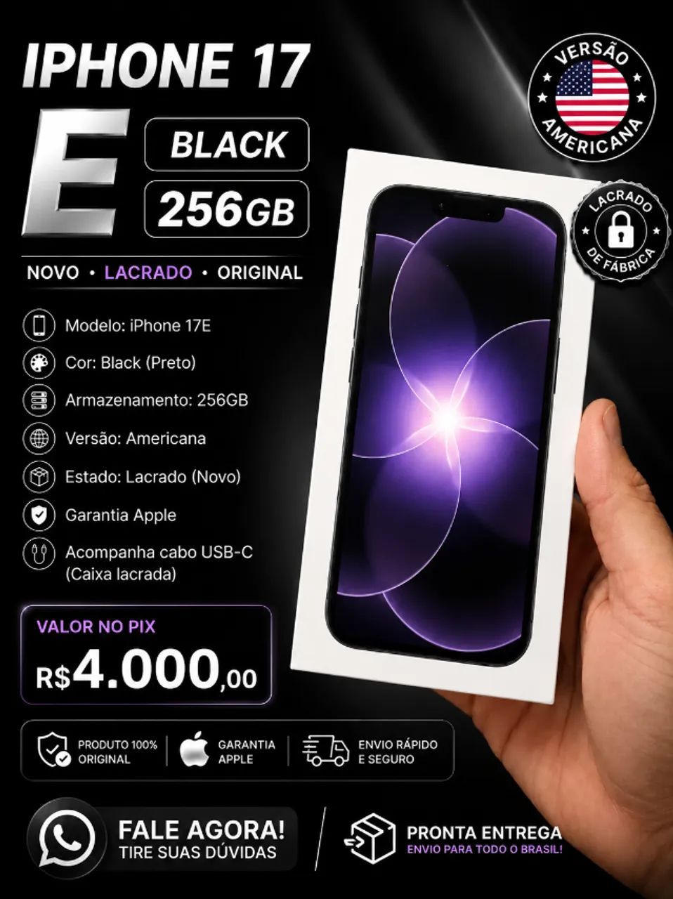 iPhone 17e Black 256GB Novo/Lacrado - Celulares e Smartphones