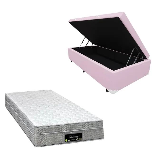Kit Colchão Solteiro D20 + Cama Base Baú Solteiro Rosa Bebê