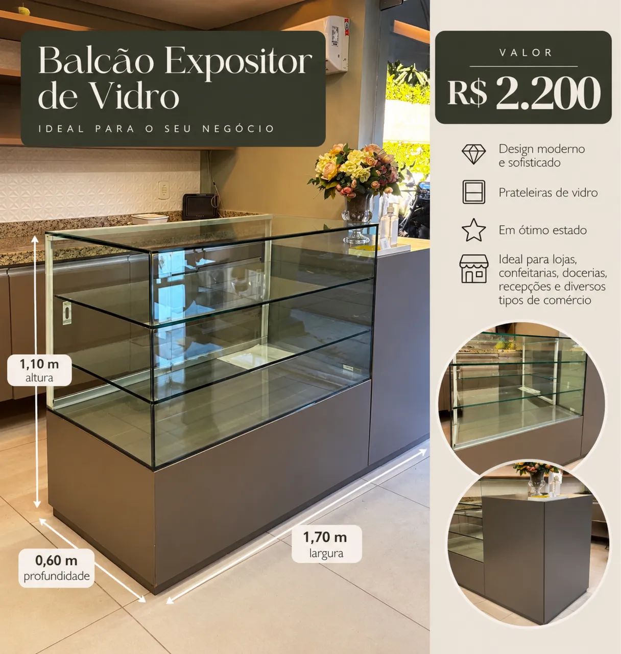 BALCÃO EXPOSITOR DE VIDRO ? R$ 2.200