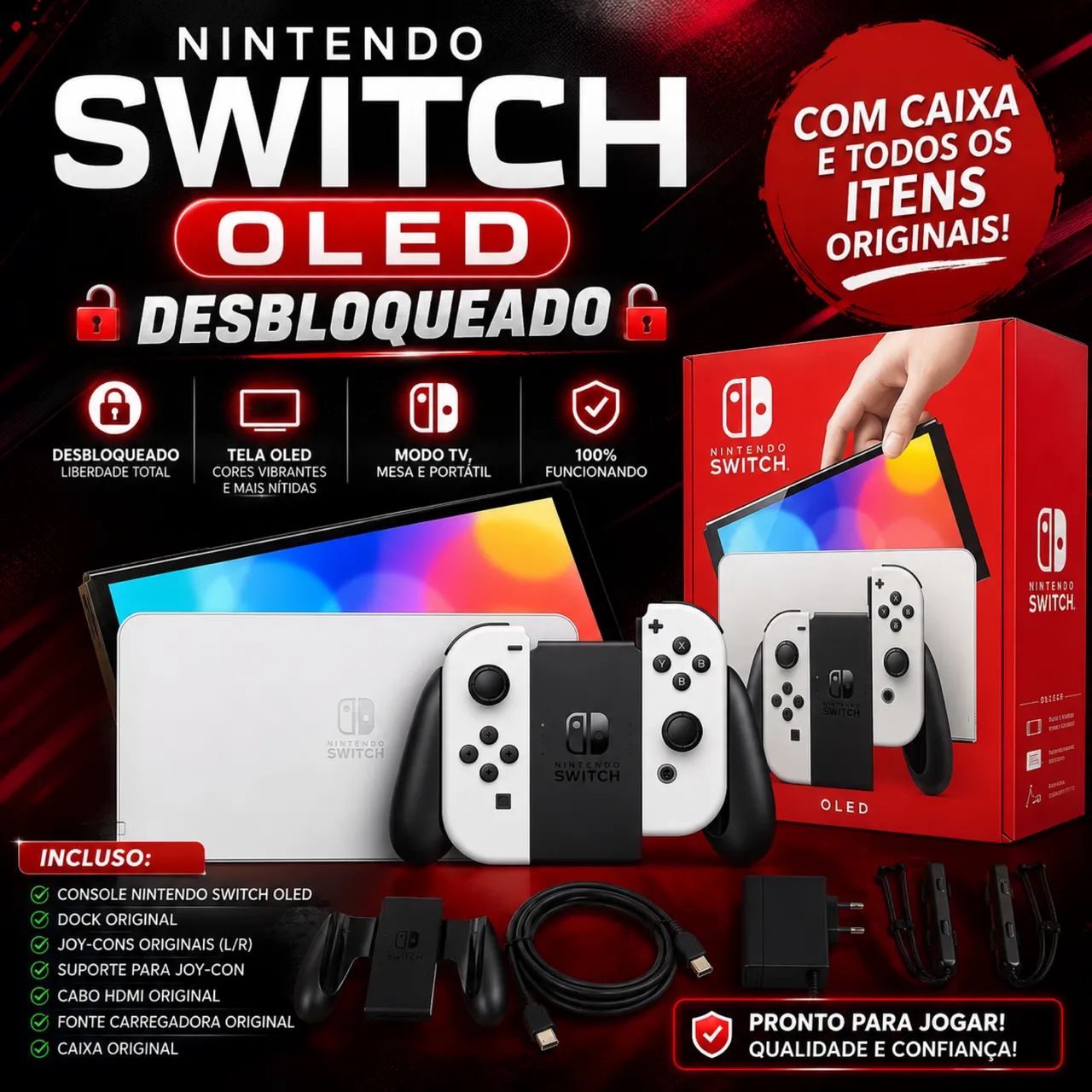     Switch OLED Desbloqueado ? + Dock + Joy-Con + Caixa Original